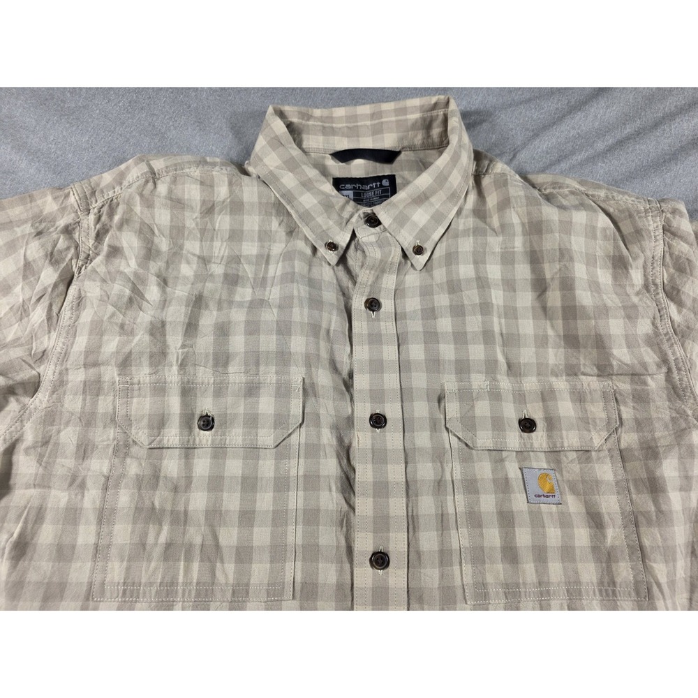 Carhartt Shirt‎ Mens 2XL Loose Fit Beige Check Plaid Short Sleeve button up